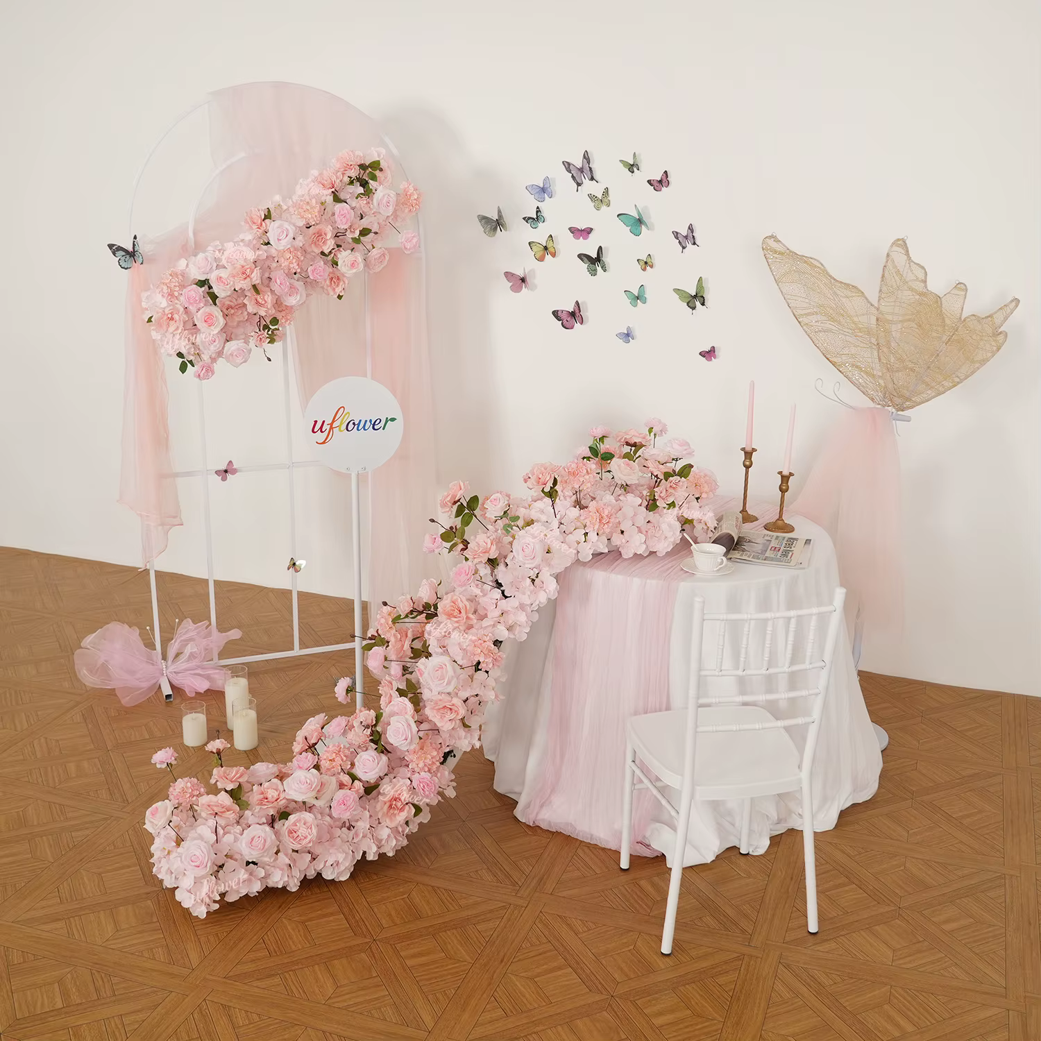 2026 Uflower Rangée de fleurs artificielles roses personnalisées de luxe pour centre de table