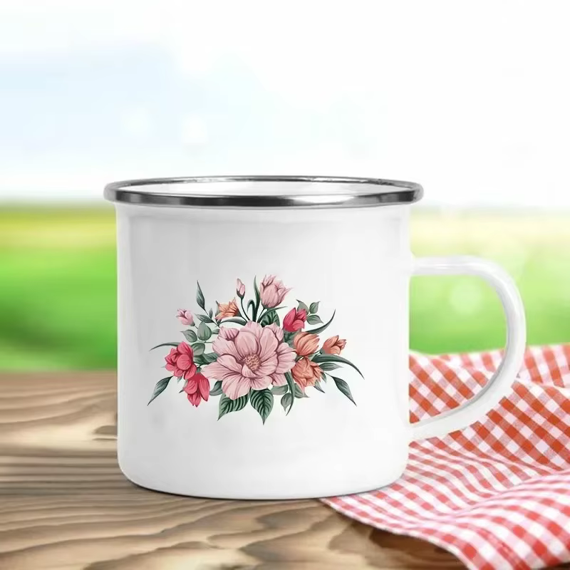 Tasses en émail rétro imprimées de fleurs, tasses à café créatives, boissons de pique-nique en plein air d'été, jus de lait, tasses de Camping, poignée, verres cadeaux