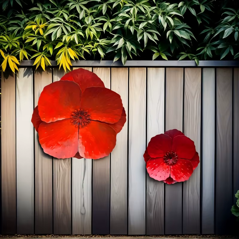 Ensemble de 2 fleurs de pavot géantes en métal rouge