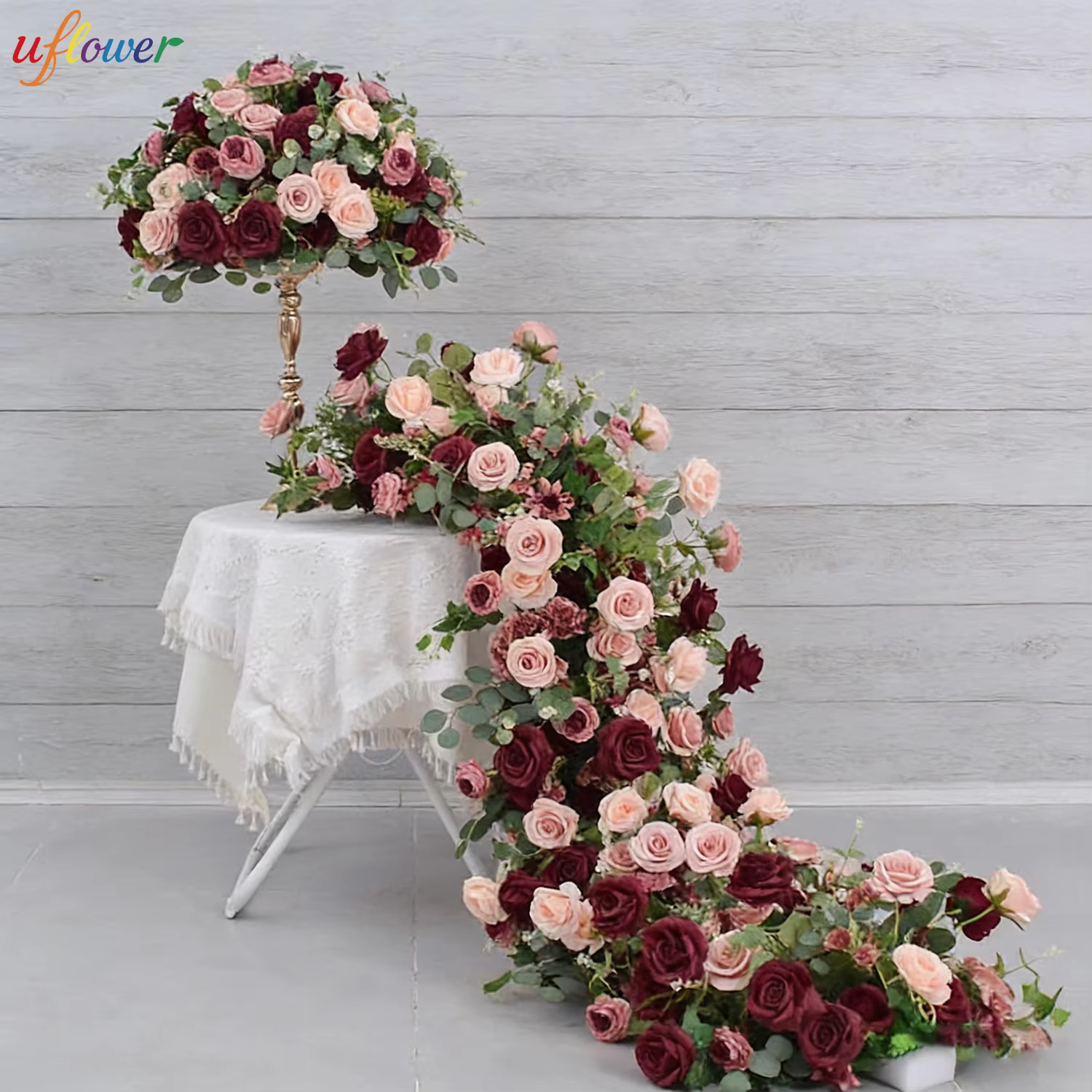 Uflower rouge Rose vert feuille fleurs artificielles rangée Arrangement Table de mariage Center fleur boule événement fête toile de fond décor accessoires