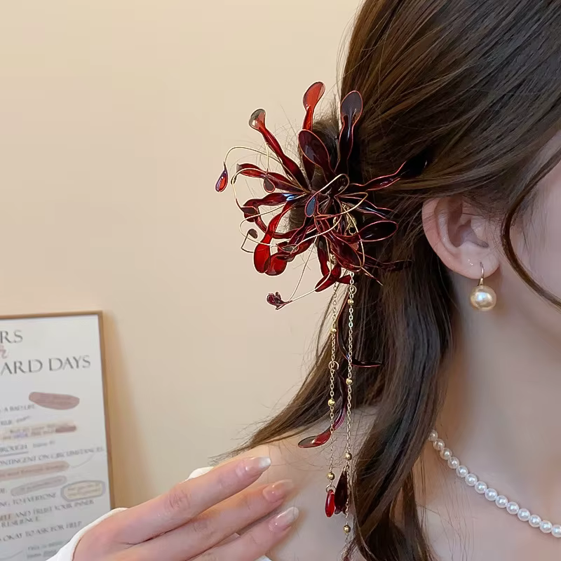 Bâtonnets de cheveux à franges en forme d'araignée rouge pour femmes, épingles à cheveux Hanfu, goutte d'huile, tempérament délicat, accessoires de fête de mariage