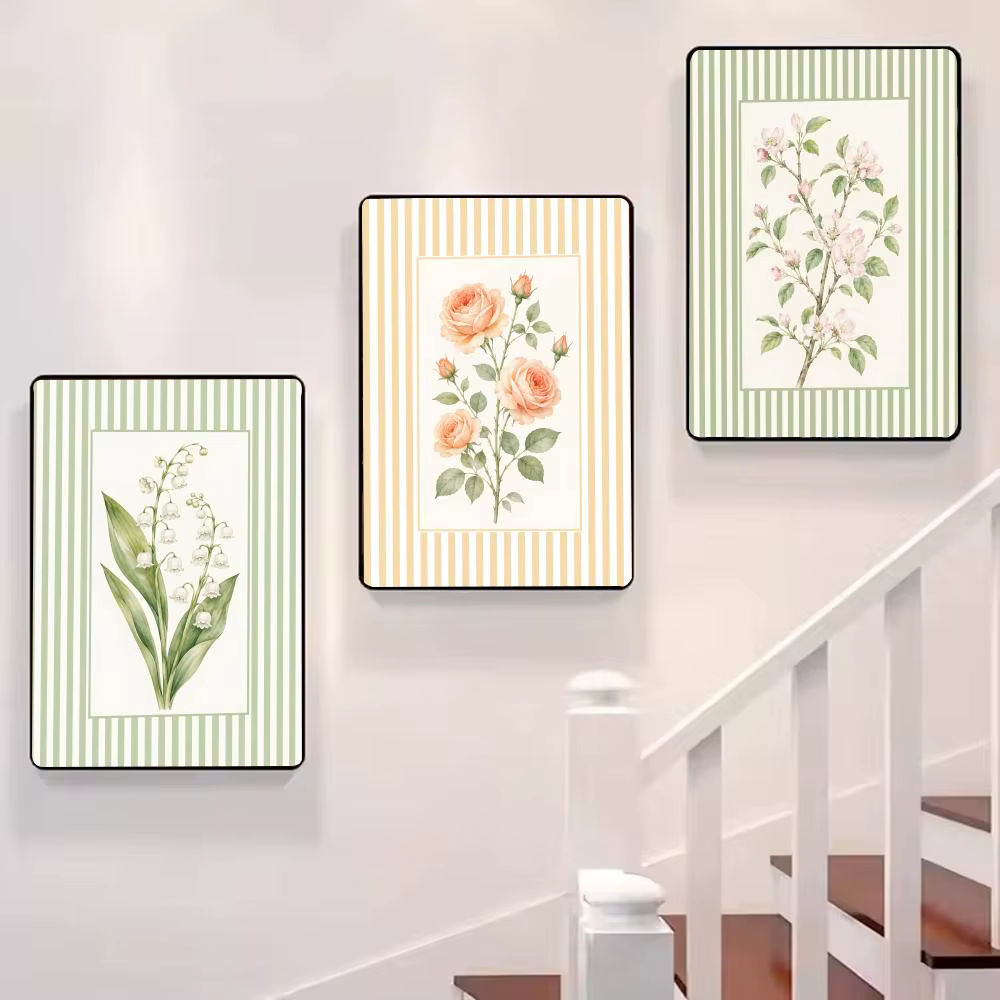 Tableau d'art mural moderne en toile avec motifs floraux rayés et calligraphie pour la décoration intérieure de la maison et de la chambre
