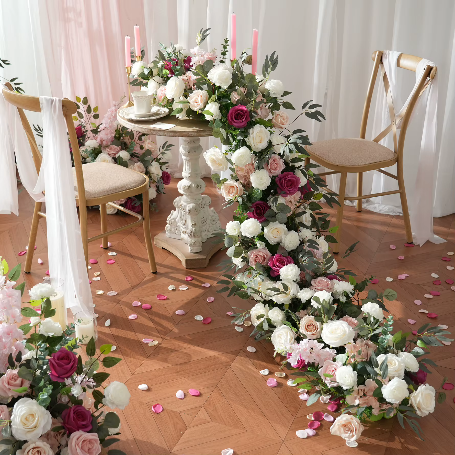 H9094 HMEOT Arche florale artificielle rose vif et feuilles vertes pour décoration de mariage