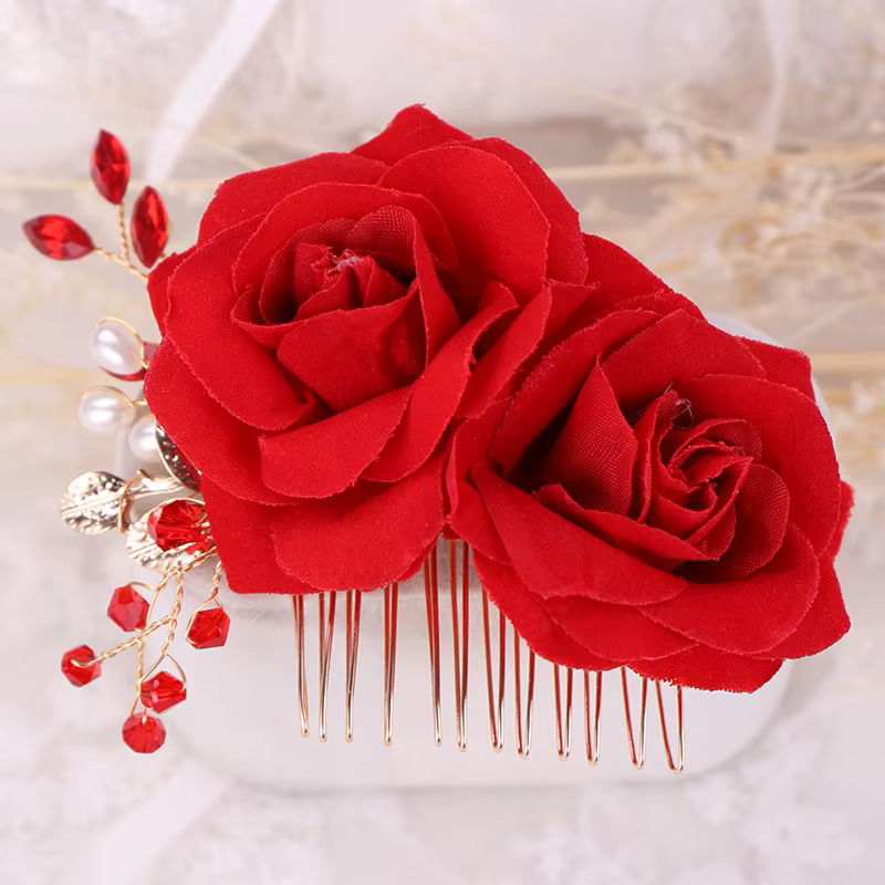 Peignes à cheveux à fleurs de Rose rouge pour femmes, bijoux de cheveux faits à la main, diadème en perles de strass rouges pour mariage, accessoires pour cheveux de mariée