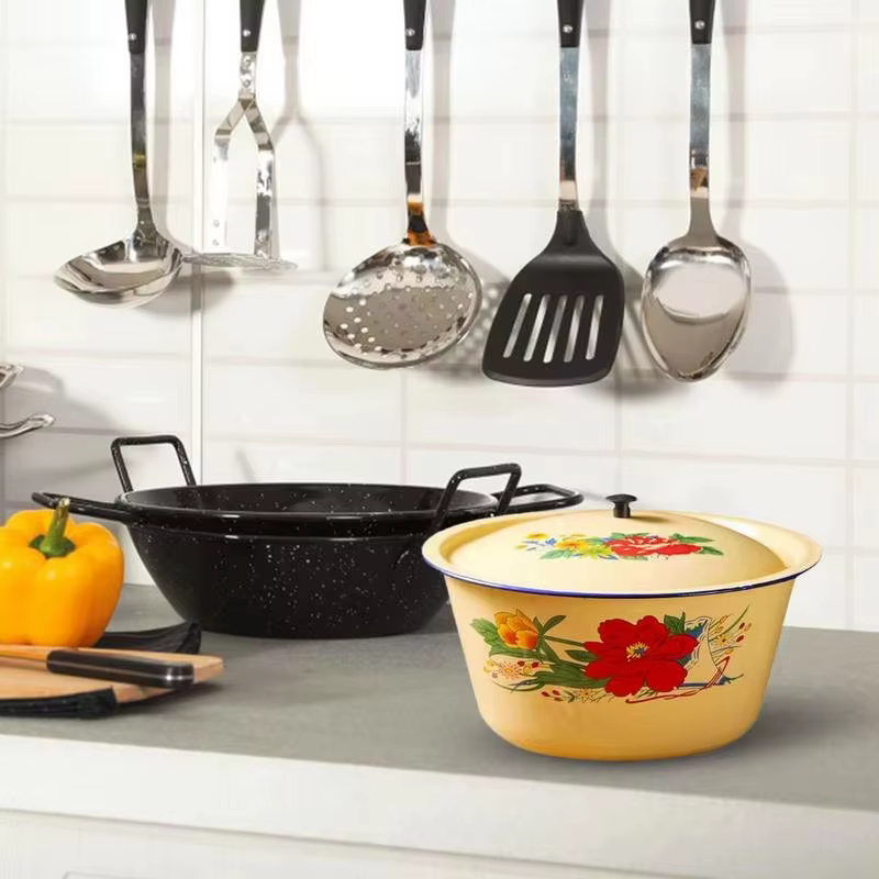 Pot de stockage des aliments, bassin en émail, récipients à gâteaux en émail Vintage classiques, bol avec couvercle, bol de service de soupe asiatique, Pot de saindoux jaune