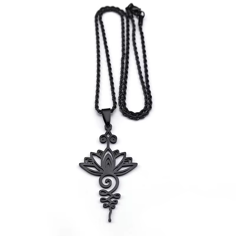 Collier pendentif fleur de Lotus artistique pour femmes et hommes, en acier inoxydable, couleur noire, colliers Chakra de guérison de Yoga, bijoux gothiques