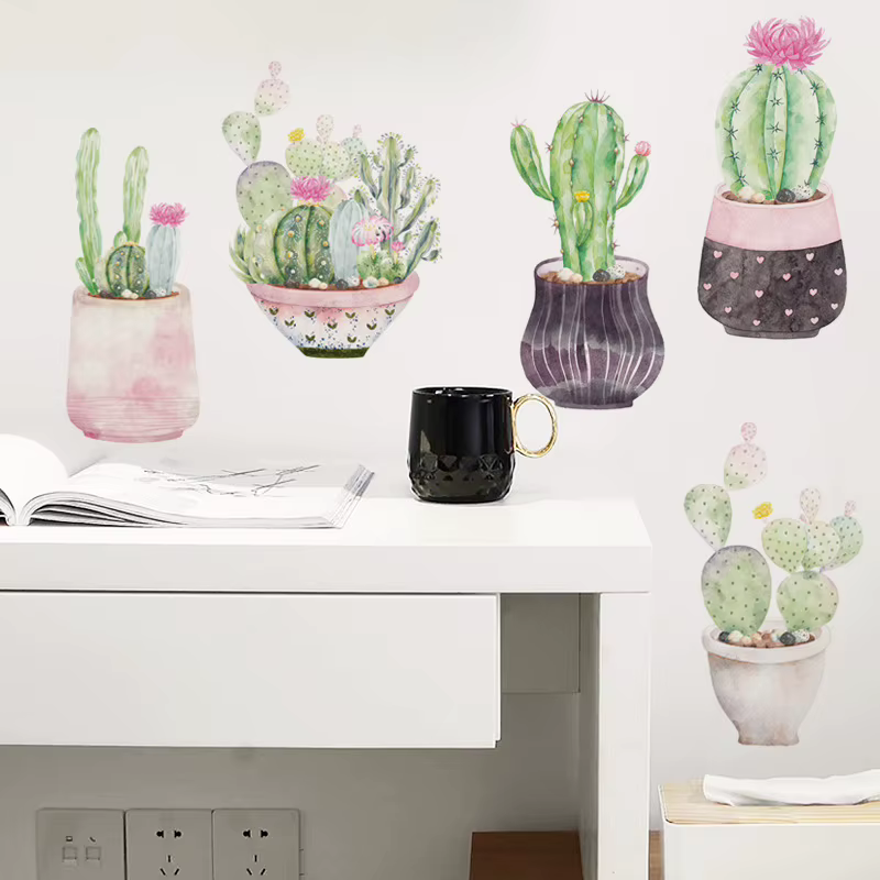 Autocollant mural en forme de cactus vert de dessin animé