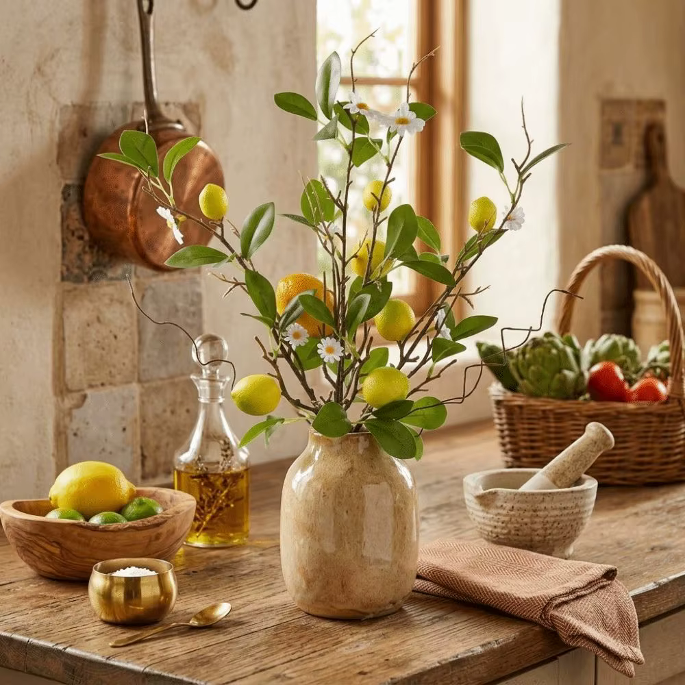 Branche de citron artificielle en plastique avec fleurs
