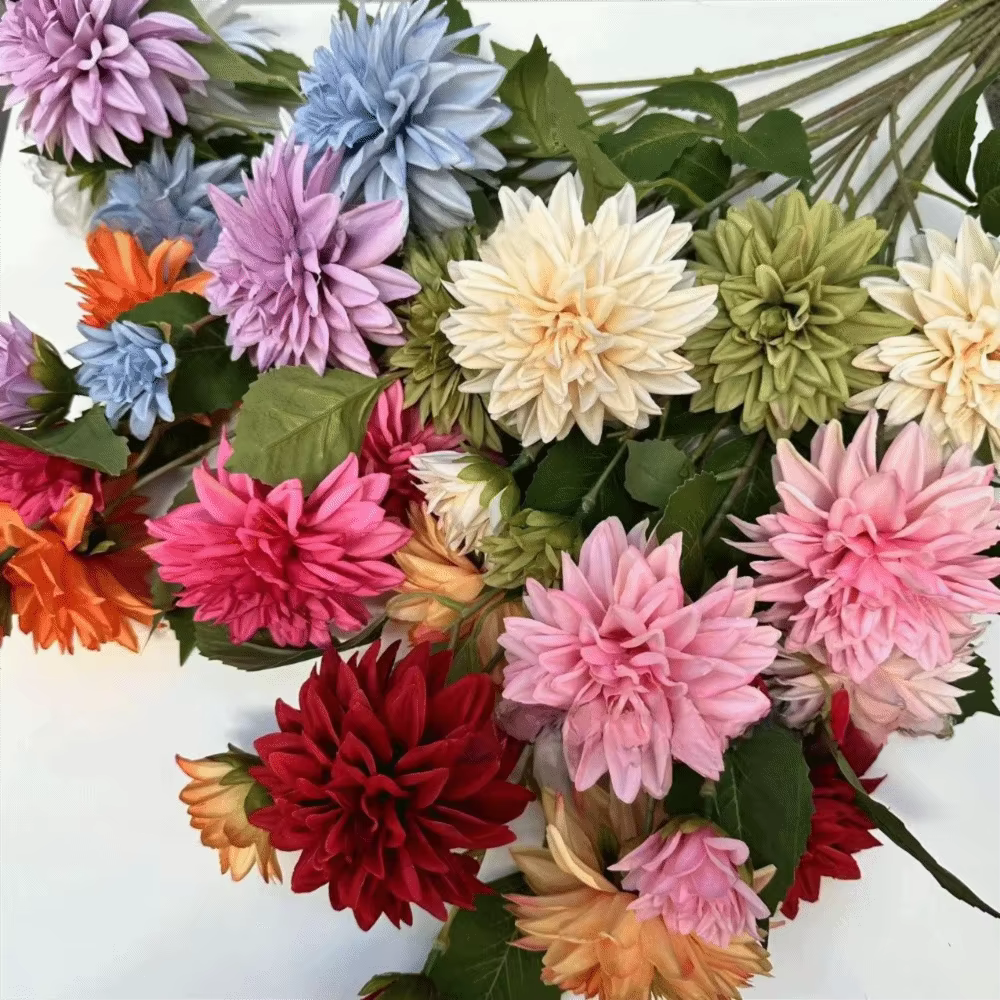 Nouveau 72 cm fleur de Dahlia artificielle 3 têtes longue branche fausse
