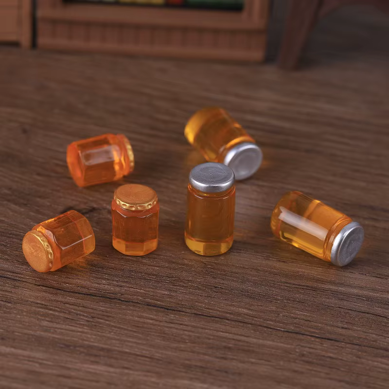 Lot de 5 mini pots de miel en résine, modèle miniature pour maison de poupée, aliments simulés, pendentif DIY, fausse nourriture, accessoires de jeu et de décoration pour poupées