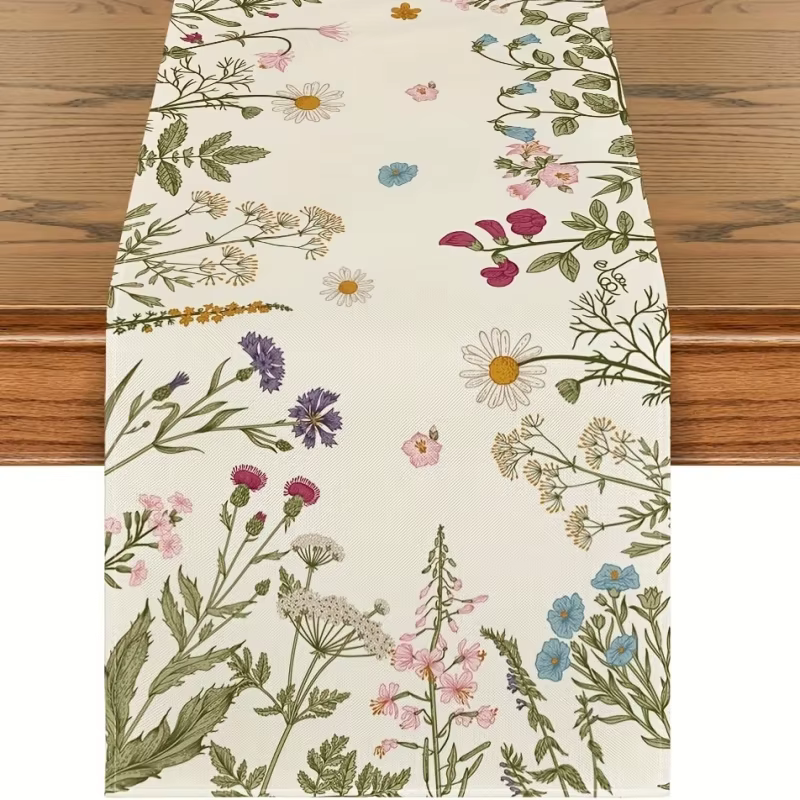 Chemin de table en polyester et lin à motifs de fleurs sauvages