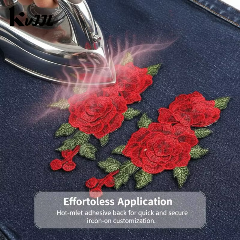Patch brodé de fleurs 3D 24x13CM Rouge Élégant Applique pour Robes Décoration Couture DIY Artisanat Fait Main