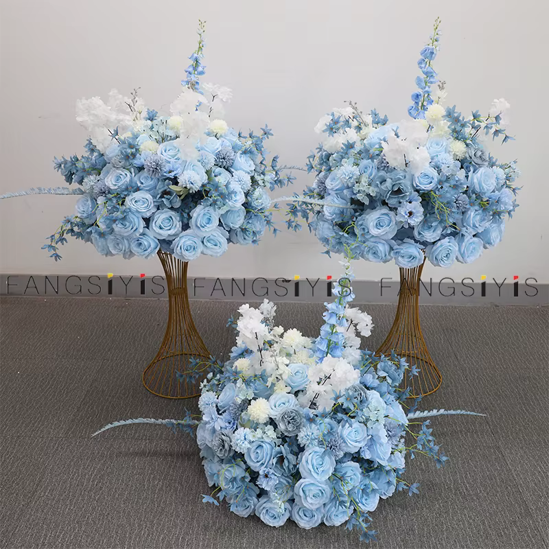 Bébé bleu rose delphinium grande boule de fleurs centre de Table événement décor de mariage route plomb artificiel Arrangement Floral Bouquet