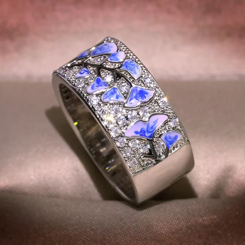 Bague Fleur en Argent pour Femme, Bague Fleur Bleue, Argent Sterling, Document de ix, Promesse de Mode, Bijoux de Mariage, Émail ocaMADE