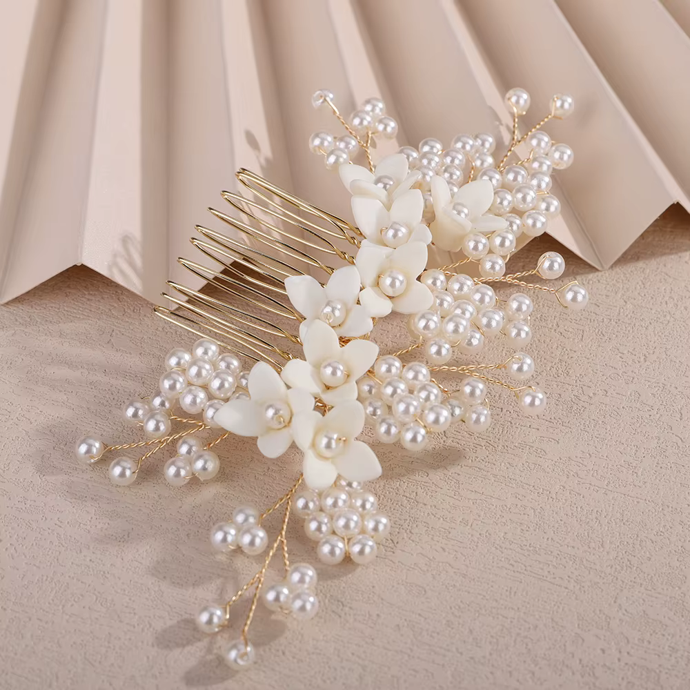 Peigne à cheveux fleur perlée pour femme, fait à la main, argent, accessoires de cheveux de mariage, pièce de sauna bidal floral doré, bijoux de fête de mariée