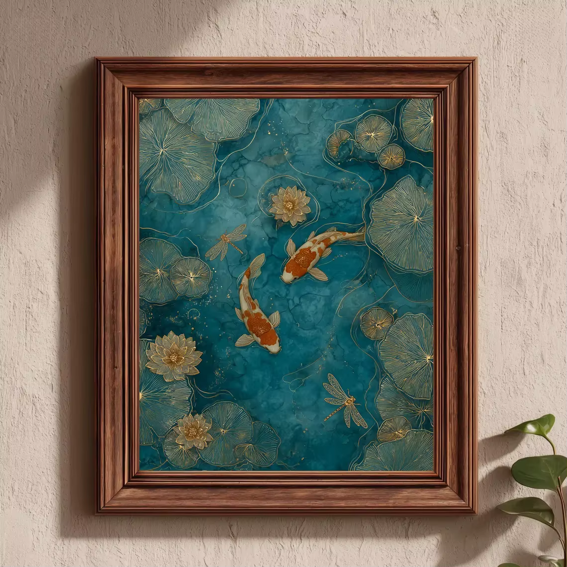 Art mural élégant avec poissons koï – Décoration de bassin vert émeraude