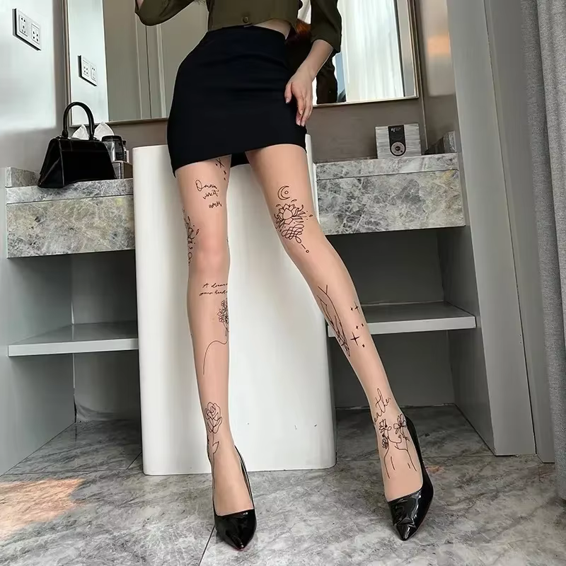 Collants Sexy pour femmes, avec tatouages à motifs, Inscriptions de fleurs, lettres, bas noirs fins et longs pour dames