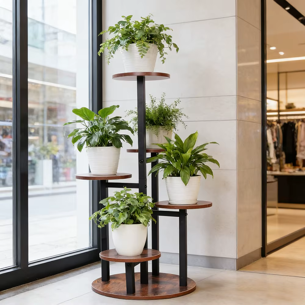 Support à plantes rustique à 5 niveaux en bois et métal - Étagère à fleurs multi-niveaux pour intérieur