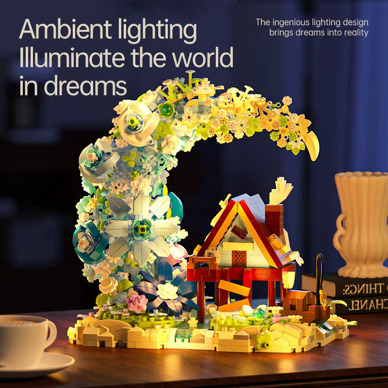 Ensemble de blocs de construction DIY LED Maison en bois et Cabane florale
