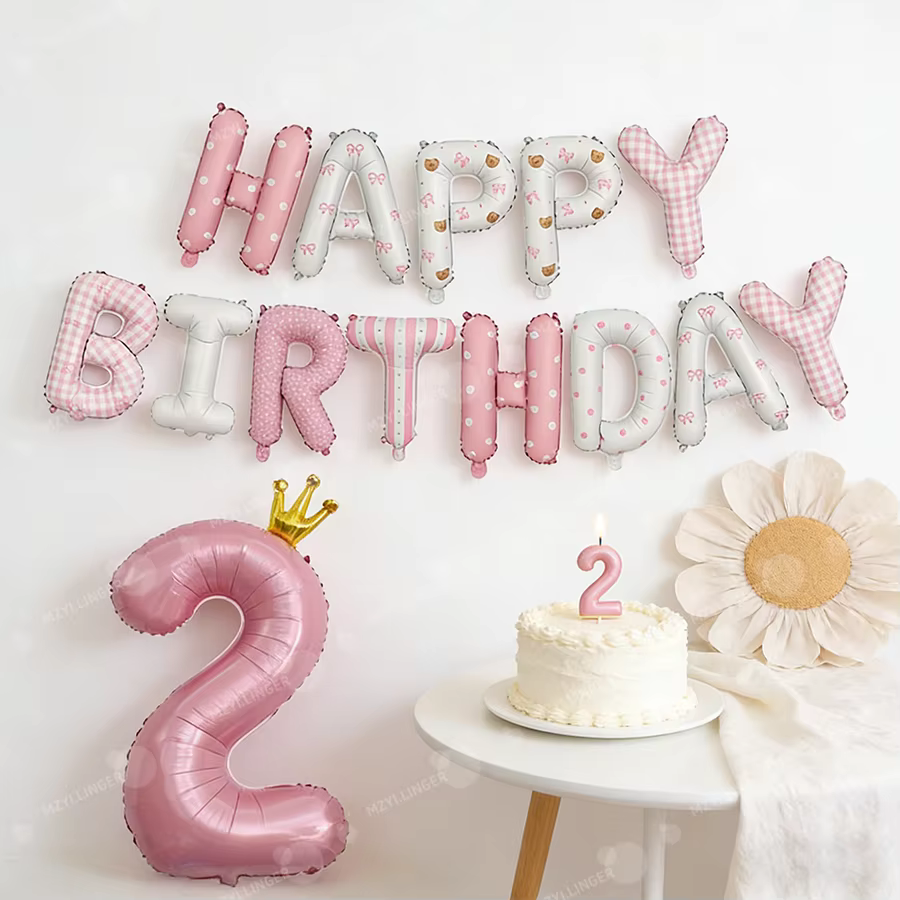 Ensemble de ballons lettres Joyeux Anniversaire roses, ballons imprimés roses, couronne de ballons, ballons numériques 0-9 pour la décoration de fête d'anniversaire