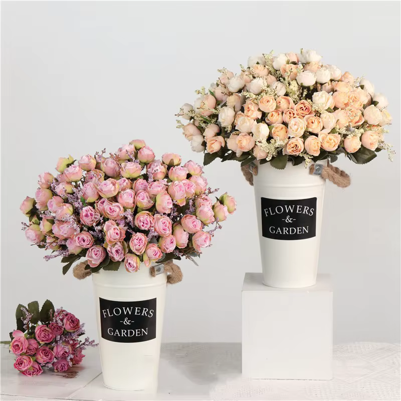 YO CHO Artificielle Soie Rose Fleur pour Fille Mariage Mini Bouquet DIY Home Party Décoration 15 Têtes Champagne Bleu