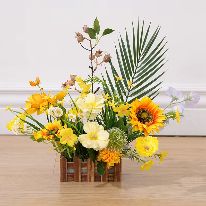 Arrangement de fleurs suspendues orchidées tournesol jaune