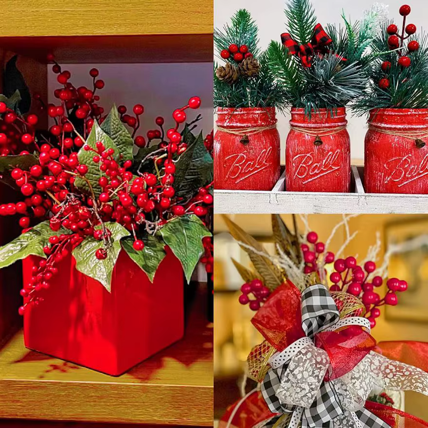 Artificialplant Houx Petit Fruit Rouge Nouvel An Noël Accueil salon Mariage bricolage cadeau Décor Fleur Tir Prop décoration