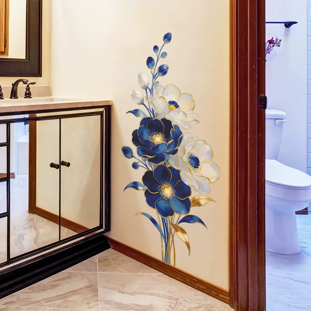 Autocollants muraux décoratifs floraux bleus en relief de style français pour la décoration de la maison