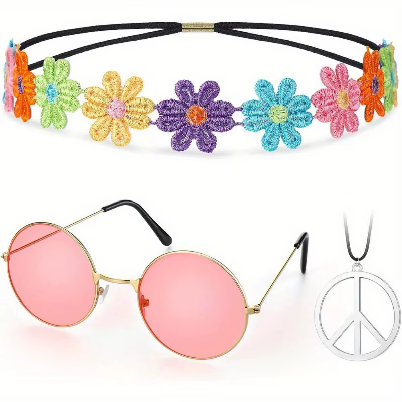 Ensemble de costumes Hippie, lunettes circulaires de Style années 60, collier avec signe de paix, bandeaux marguerite et tournesol, accessoire de Dressing, fête Hippie