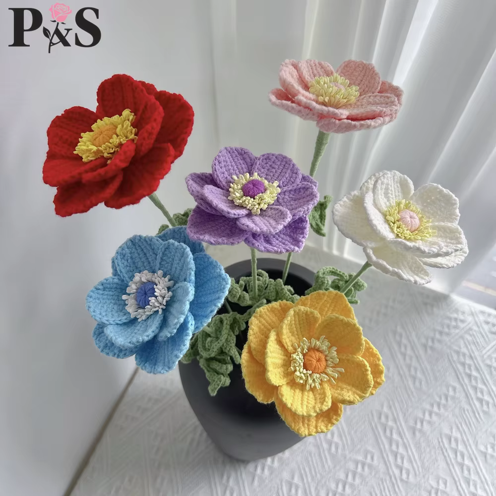 Anémone Crochet fleur fait à la main rose violet bleu tricoté
