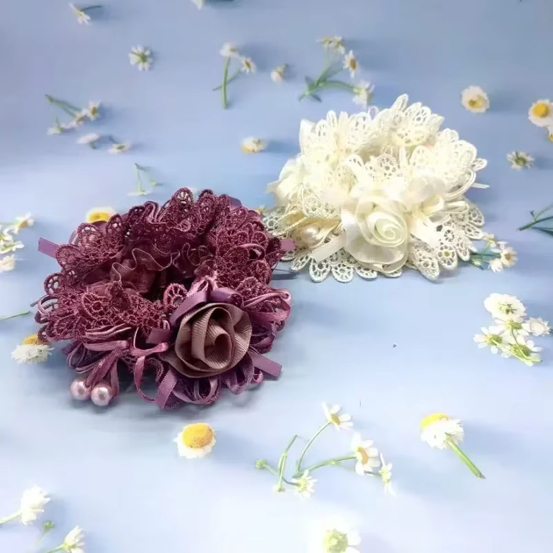 Élastique à cheveux élégant en forme de rose avec dentelle, couleur unie, accessoires pour cheveux