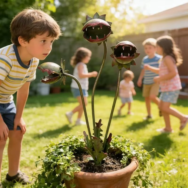 Sculpture plante mangeuse d'insectes en métal fabriquée à main pour les décors jardin ajoute charme à quel