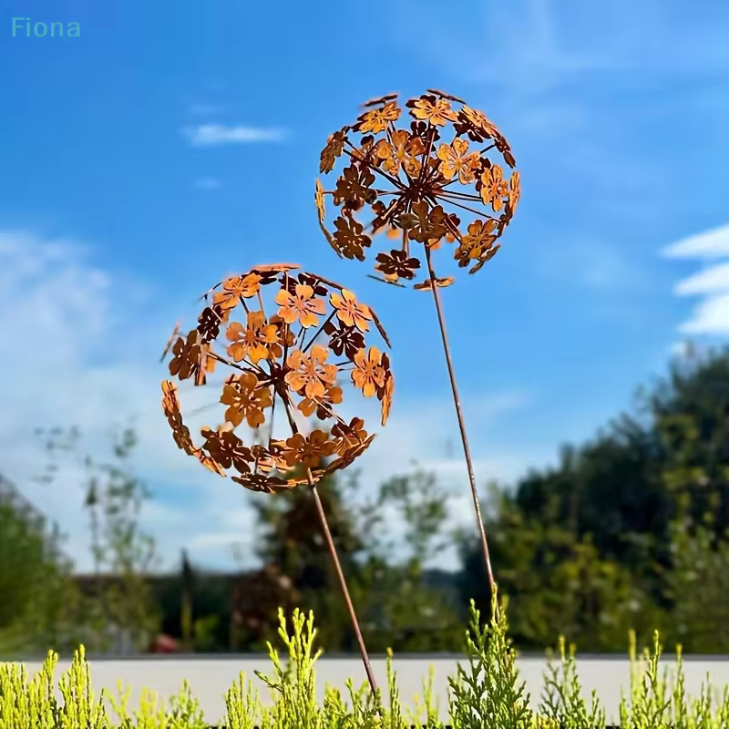 ☽ Piquets de jardin en métal rouillé en forme de pissenlit – Décoration