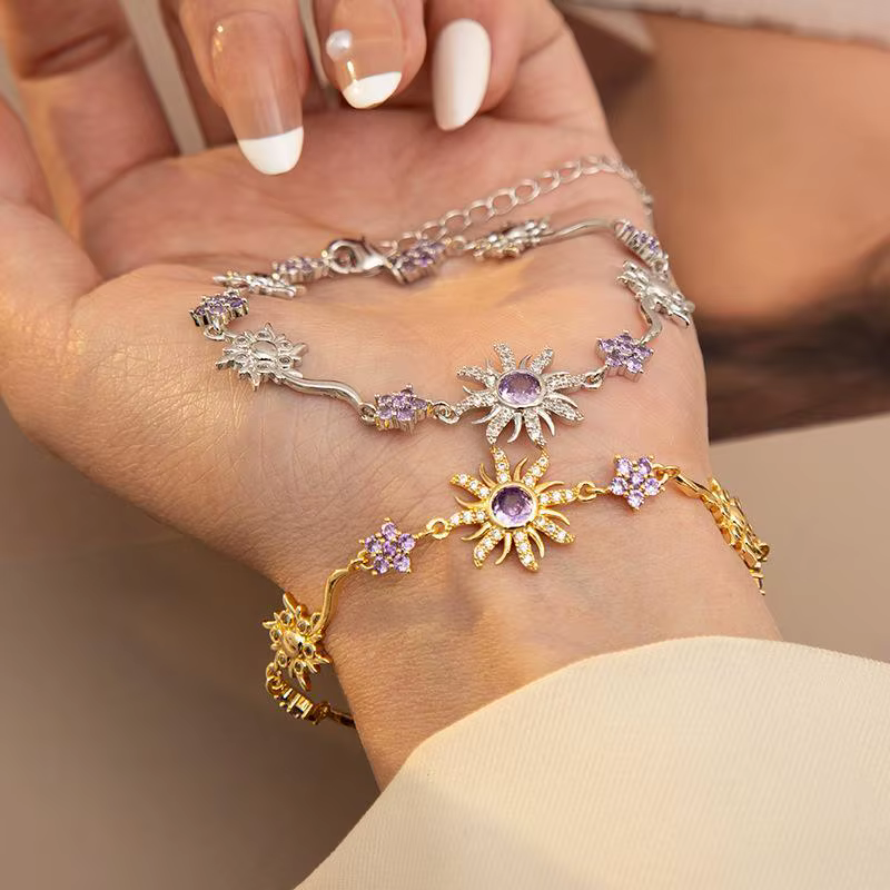 Bracelet de luxe Tournesol, élégant et tendance, avec chaîne en zircon cubique rose, cristal étincelant et strass brillant, pour mariage