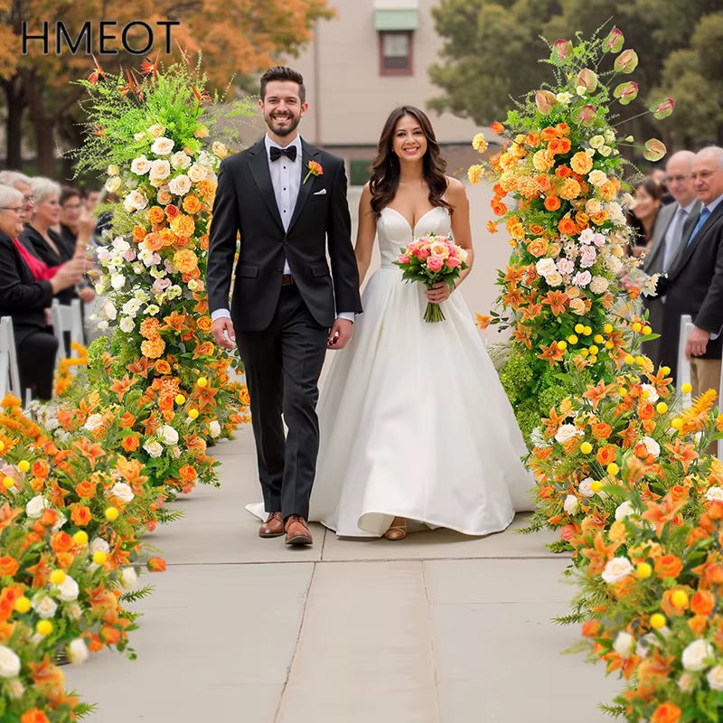 Orange Lily Rose vert plantes mariage toile de fond arc cadre décor fleur rangée allée sol Floral fenêtre affichage scène accessoires H8875