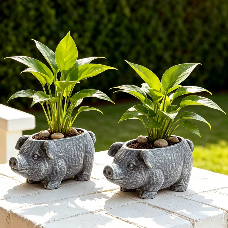 Wabi Sabi Weathered Pig Resin Planter Distressed Animal Succulent Pot for Balcony Patio Rustic Minimalist Garden Accent