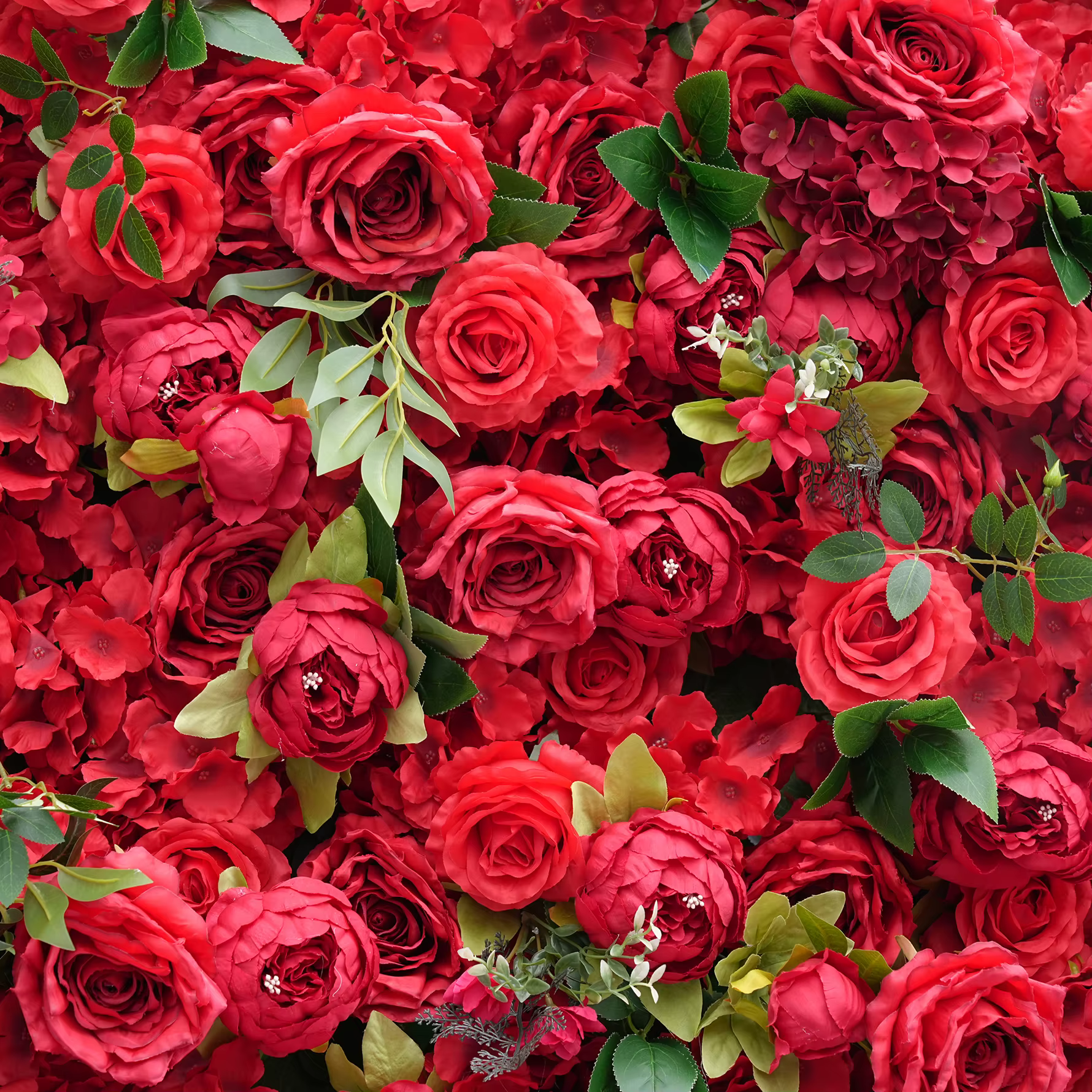 A8937 Rose rouge pivoine feuilles vertes 5D enroulable tissu Base fleur décoration murale mariage toile de fond Arrangement Floral fournitures de Banquet