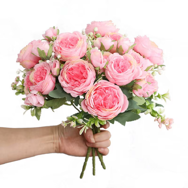 1 Bouquet de 9 Têtes de Fleurs Artificielles en Soie (Pivoine