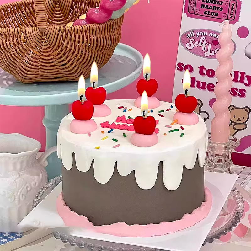 Bougie de gâteau d'anniversaire cerise, décoration de fête, amour, petite décoration de gâteau cerise, bougie créative de dessin animé pour enfants