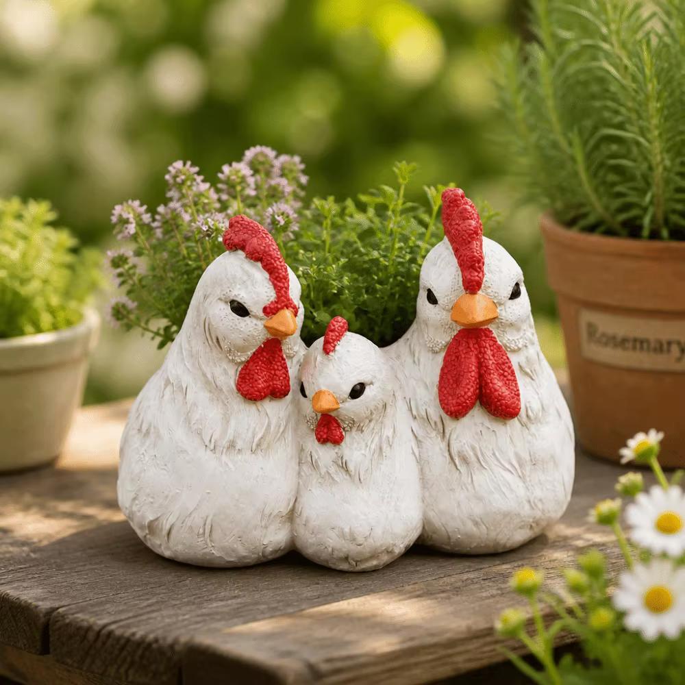 Pot de fleurs décoratif en forme de famille de poulets