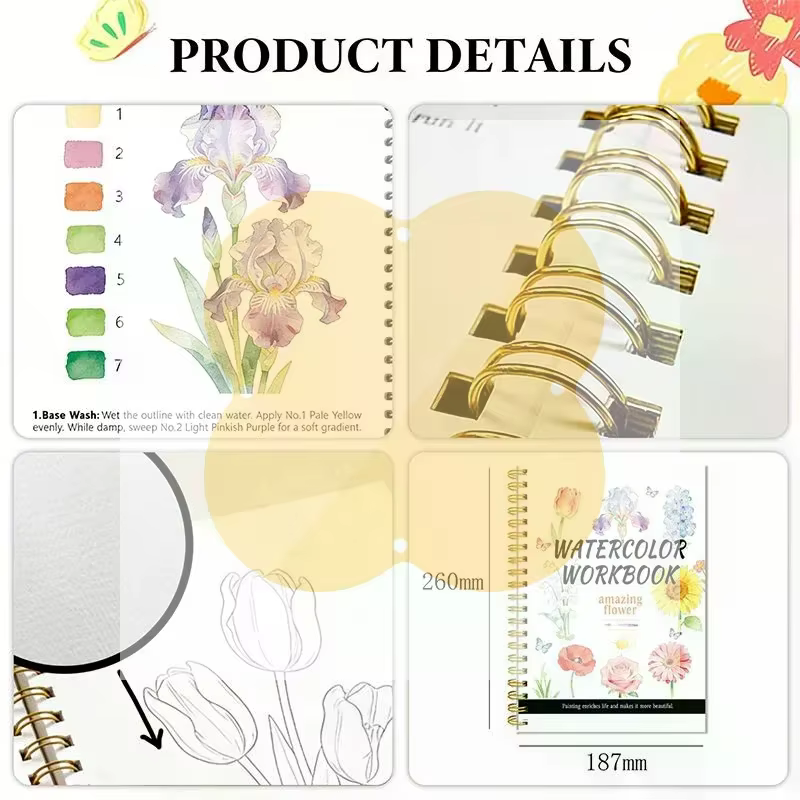 Cahier d'exercices de fleurs en aquarelle à spirale, papier épais, guides faciles pour les débutants, pratique artistique quotidienne