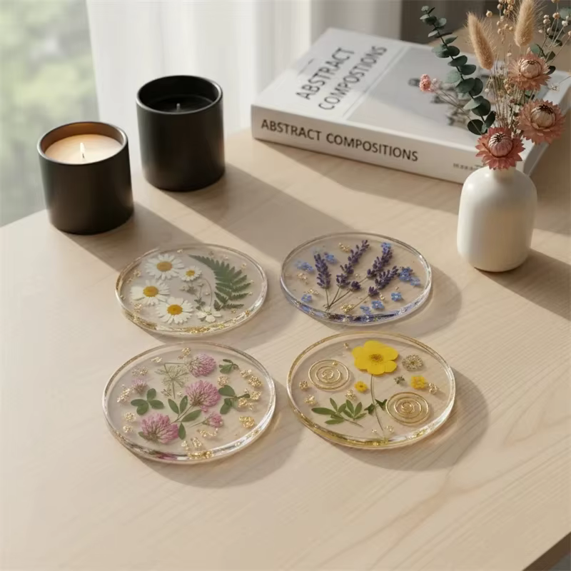 Sous-verres en acrylique avec fleurs pressées