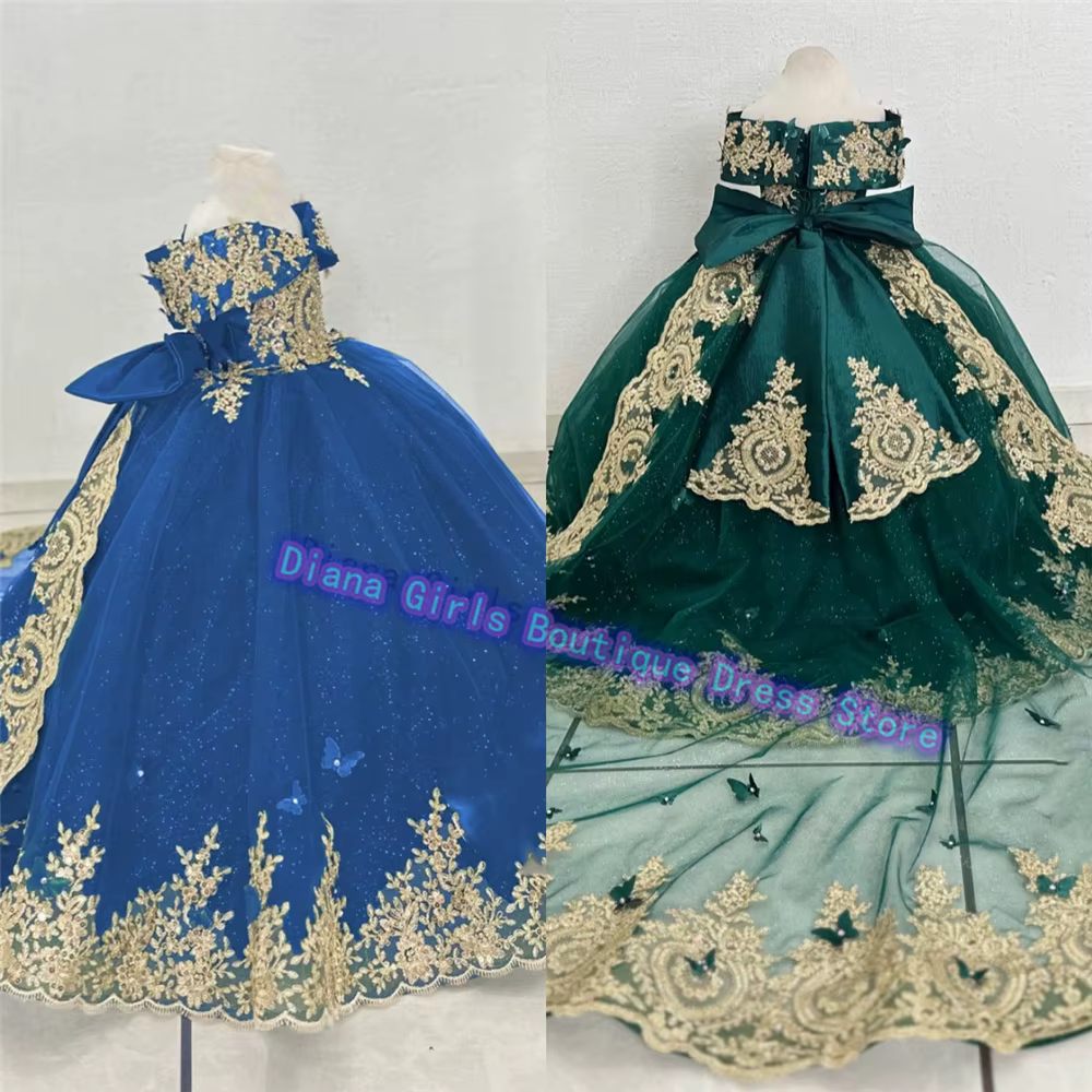 Robe de soirée en tulle moelleux pour petite fille, robe de demoiselle d'honneur verte, appliques dorées, fête d'anniversaire, robe personnalisée, qualité magnifique