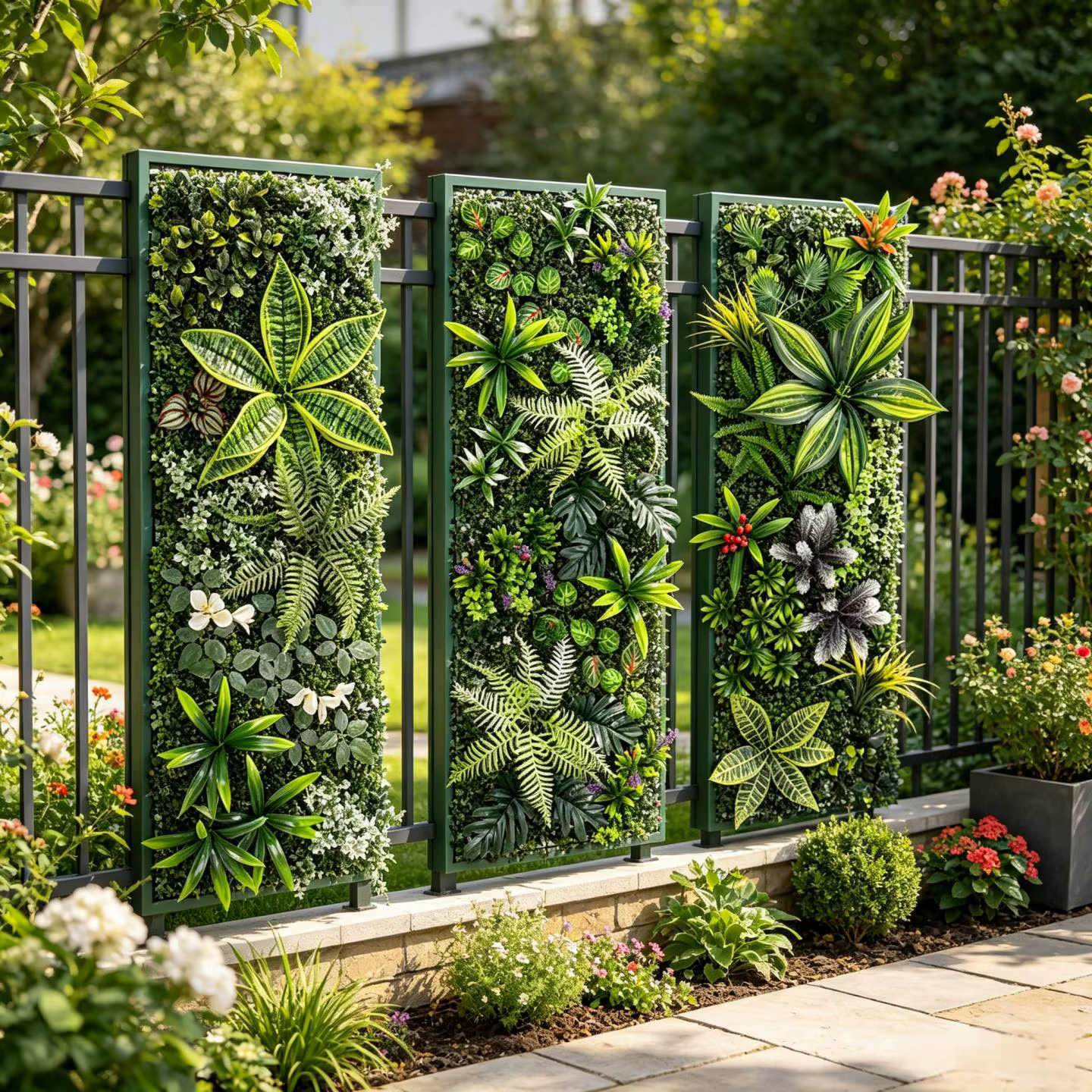 Panneau mural végétal artificiel 40x120cm avec herbe et fleurs