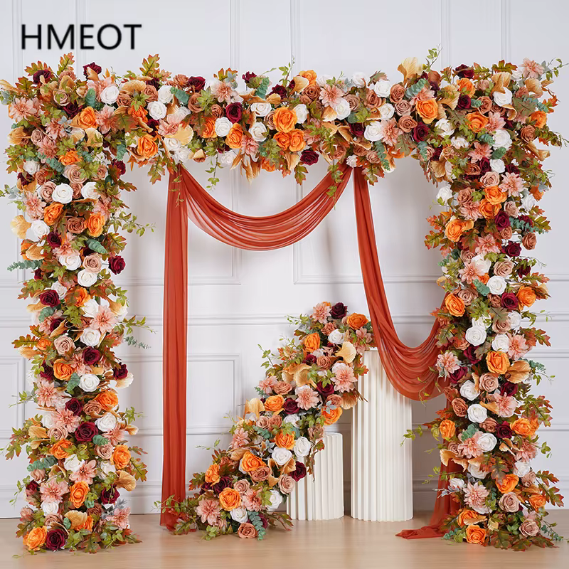 Automne Orange Rose Dahlia feuilles d'érable Arrangement de rangées florales toile de fond de mariage cadre en arc décor fête événement scène support de fleurs