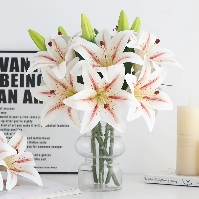 Vert aloès 4 pièces mariage rose lys Simulation fleur balcon décoration artificielle impression 3D 2 fleurs 1 bourgeon lys branche