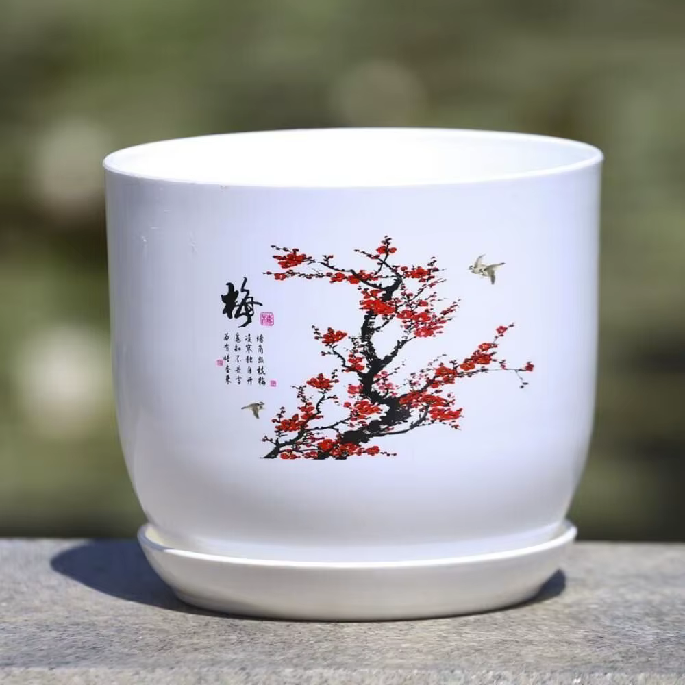 Pot de fleurs en plastique extra large blanc avec plateau