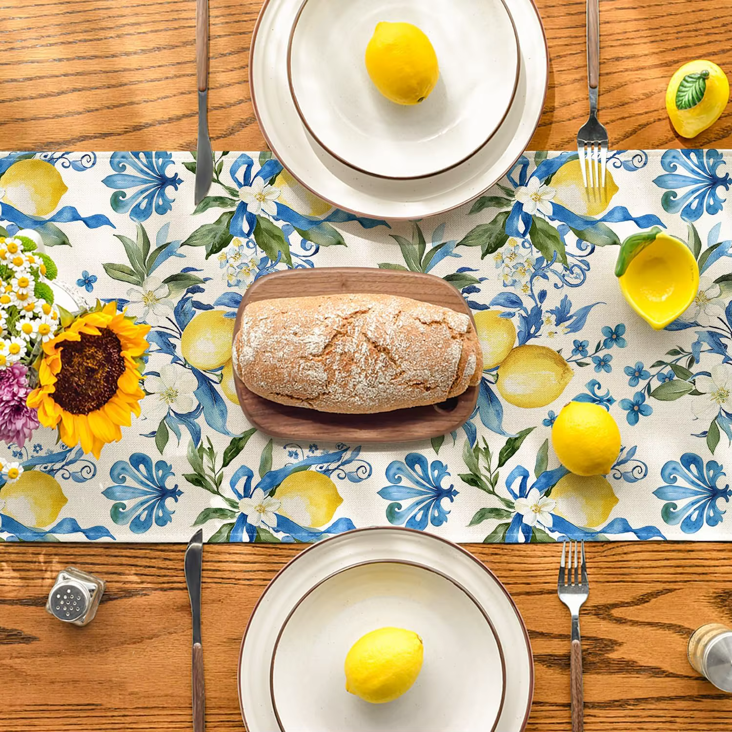 Chemin de Table en lin bleu fleur de citron