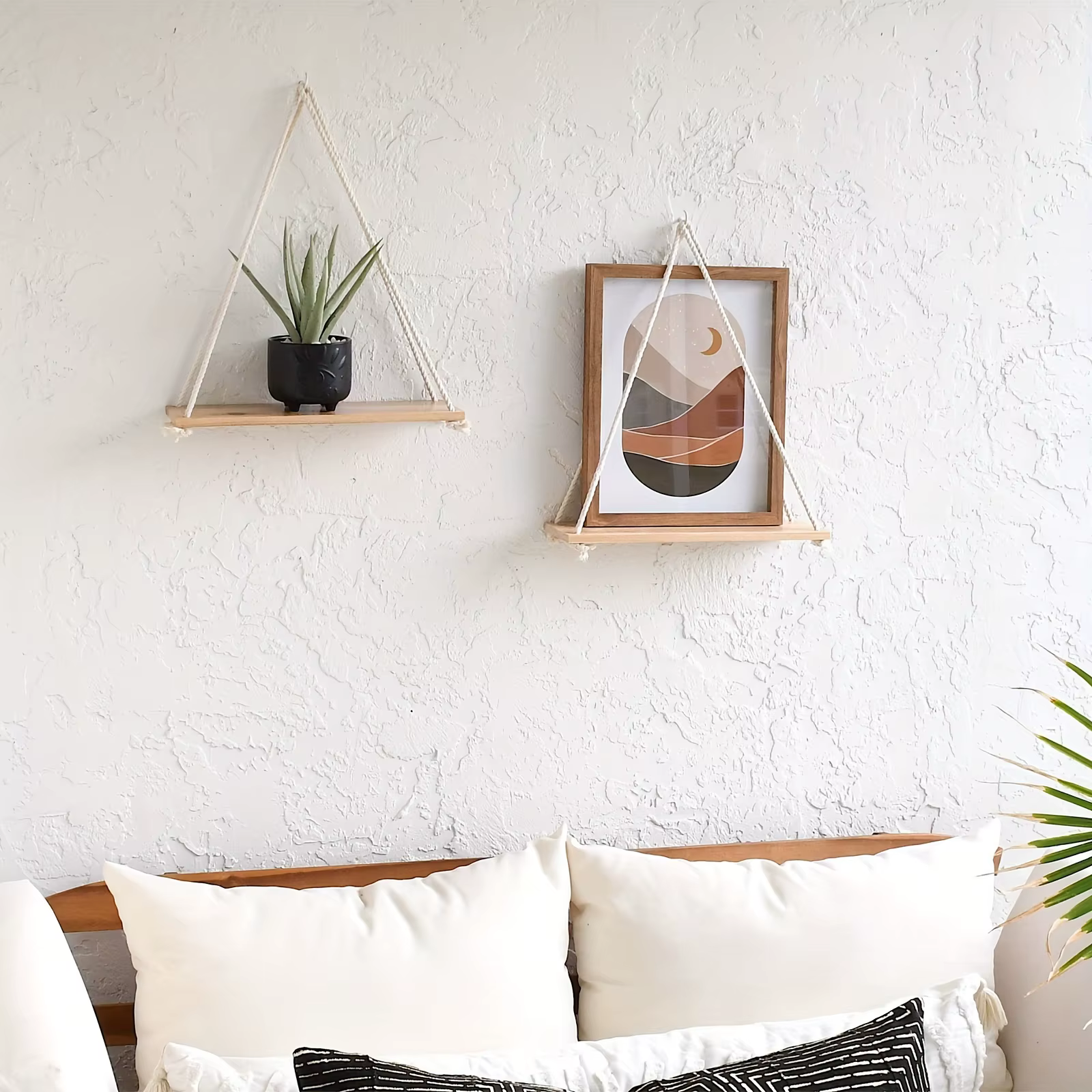 Étagères flottantes de style bohème en 2 parties - Ensemble d'étagères murales en bois pour plantes en pot et décoration
