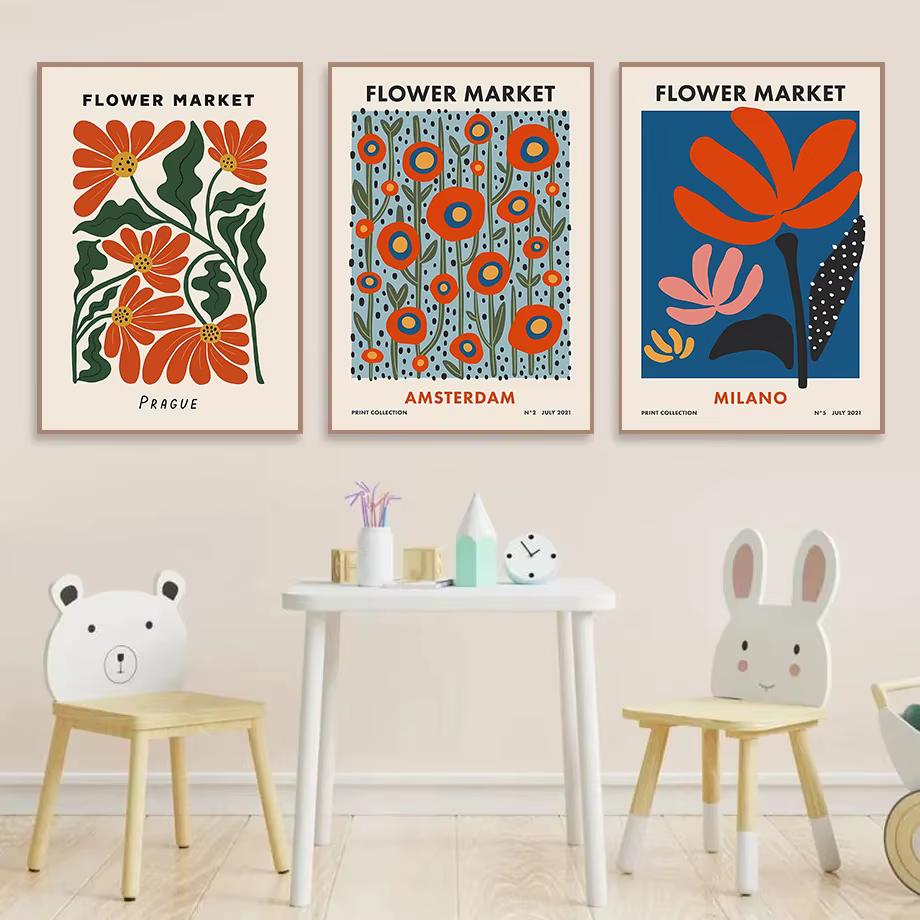 Affiche abstraite colorée rétro du marché des fleurs d'amsterdam